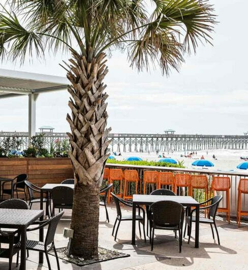 outdoor dining area in waterfront restaurant beside a long pier jutting out into the water