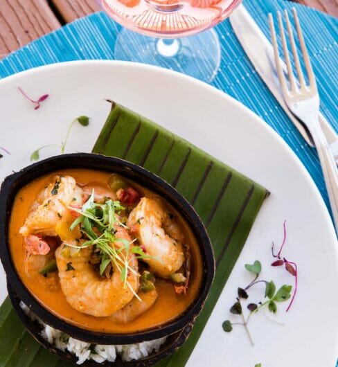 shrimp dish on leaf plate setting