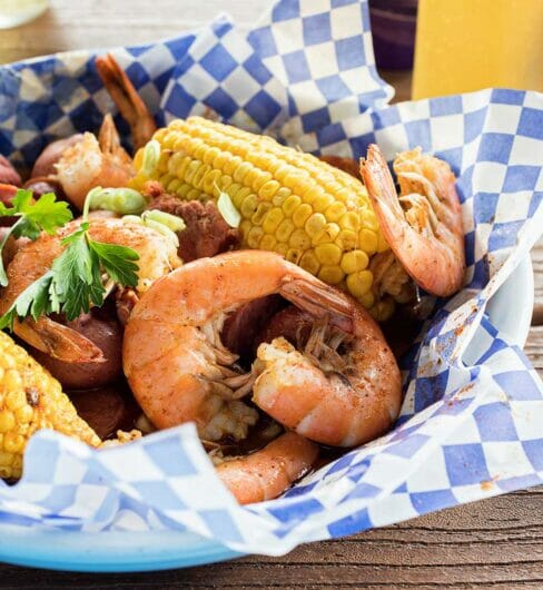 shrimp, corn on the cob and potato dish