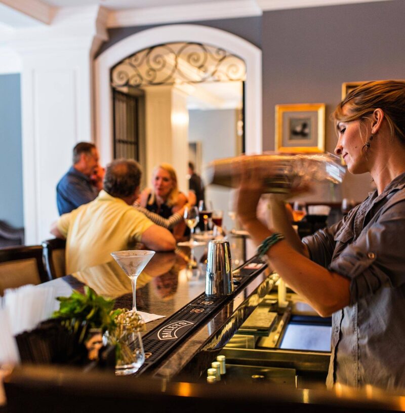 a bartender shaking a cocktail at a hotel bar