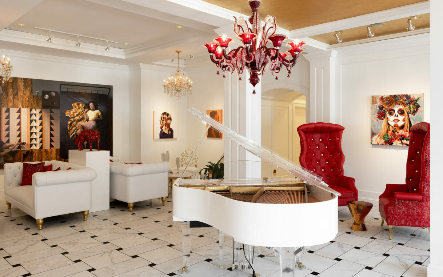 open grand piano in hotel lobby